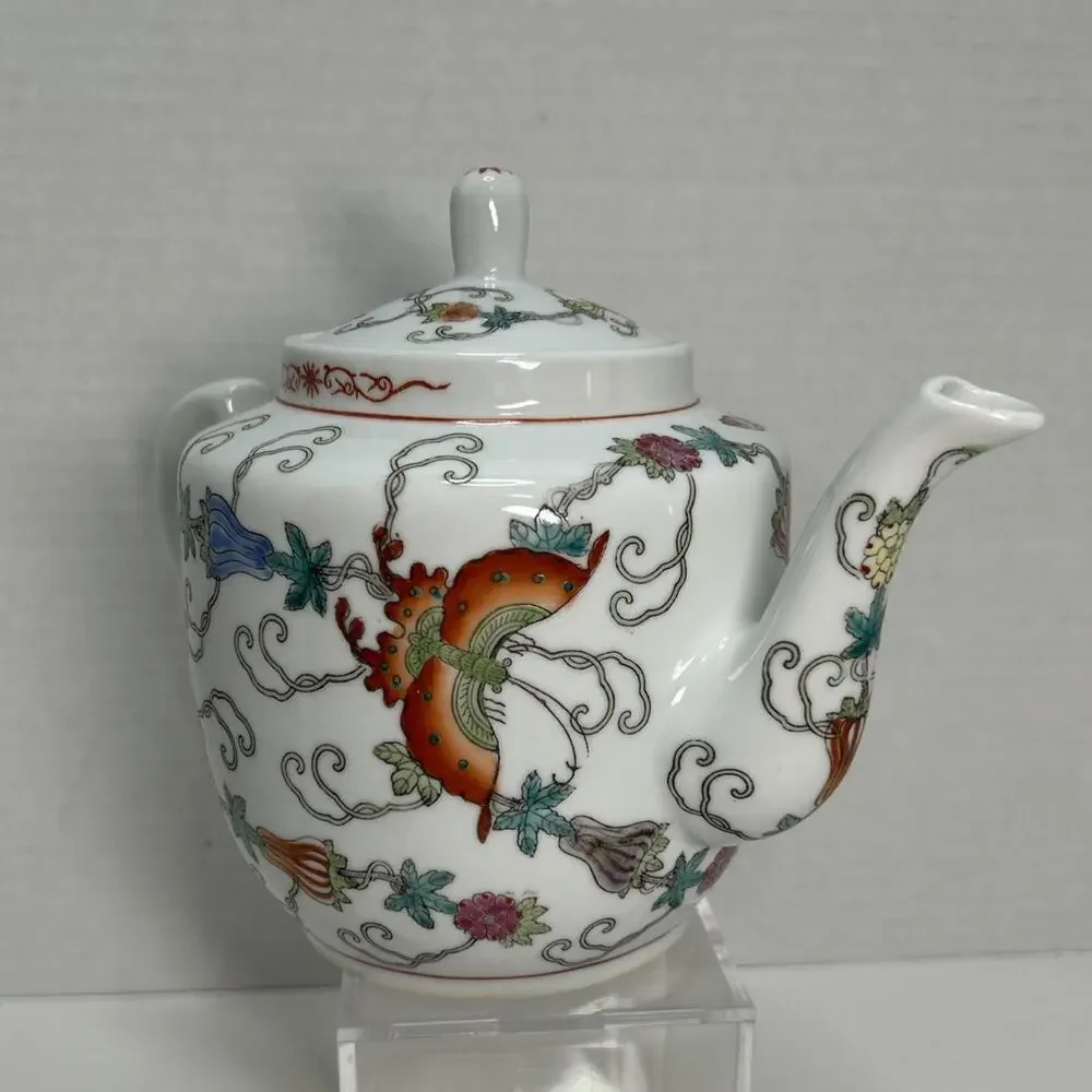 Vtg Chinese Jingdezhen Porcelain Floral Teapot Hand Painted Flowers Butterflies